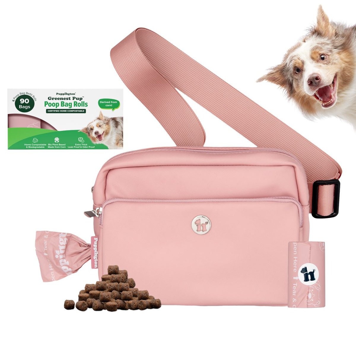 3-in-1 Crossbody Hondenuitlaatzak &amp;amp; Snoepzakje met bijpassende composteerbare poepzakjes