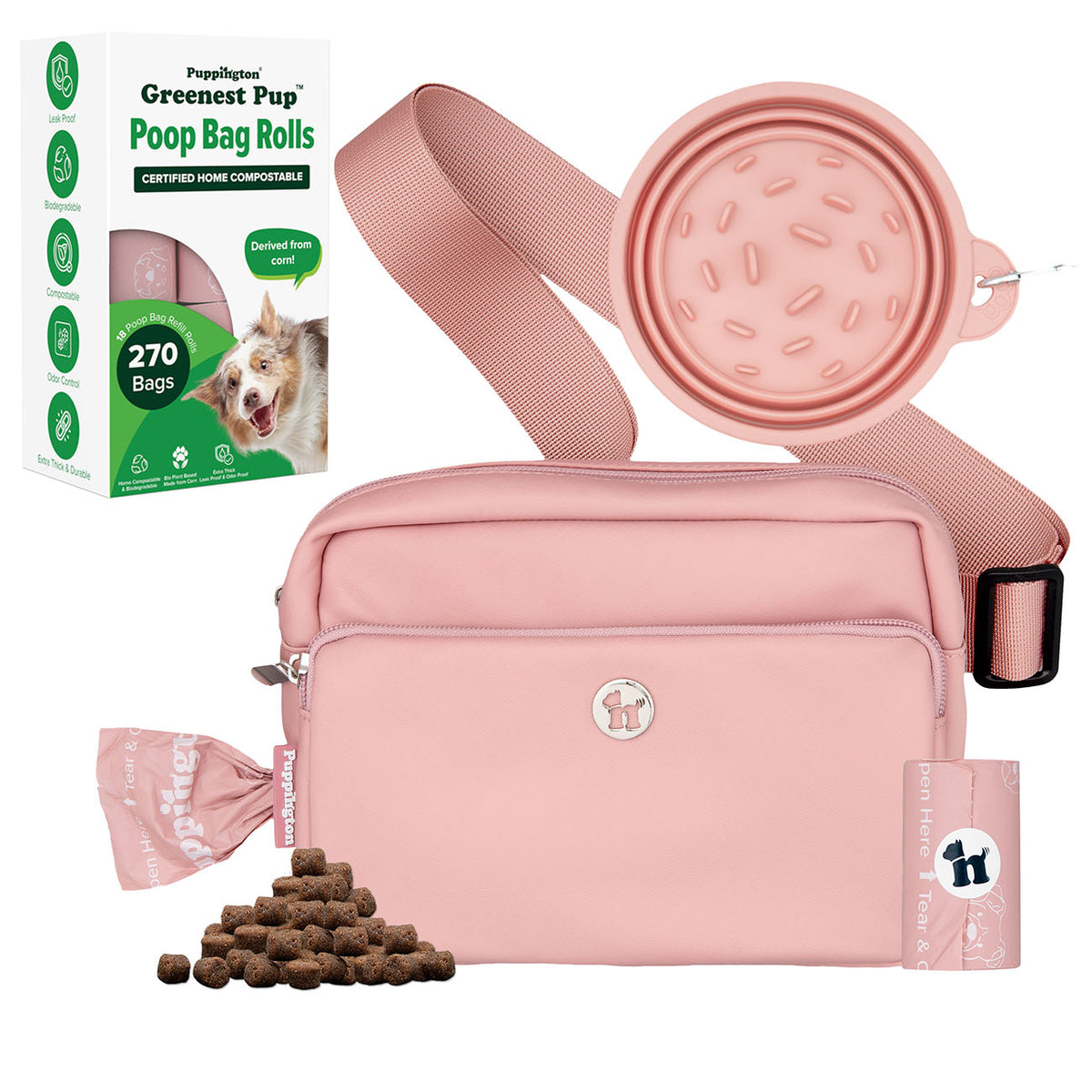 3-in-1 Crossbody Hondenuitlaatzak &amp;amp; Snackzakje met Slow Feeding Reiskom &amp;amp; Bijpassende Composteerbare Poepzakjes Bundel