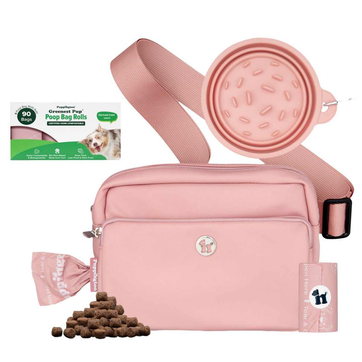 3-in-1 Crossbody Hondenuitlaatzak &amp;amp; Snackzakje met Slow Feeding Reiskom &amp;amp; Bijpassende Composteerbare Poepzakjes Bundel