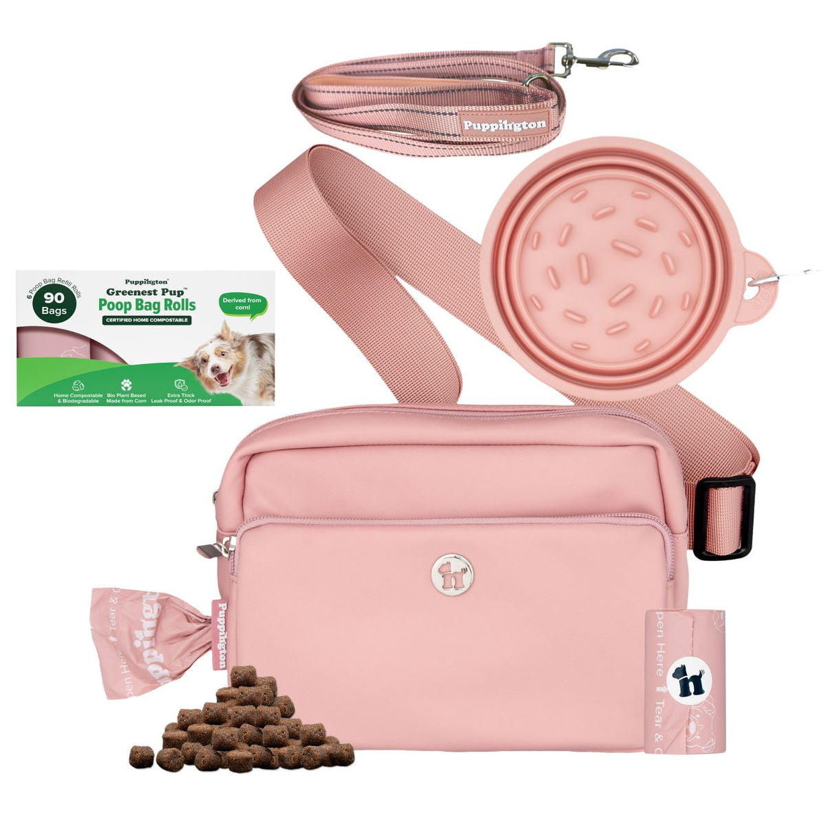 3-in-1 Crossbody Hondenuitlaatzak &amp;amp; Snackzakje met Slow Feeding Reiskom, Reflecterende Lijn &amp;amp; Bijpassende Composteerbare Poepzakjes Bundel