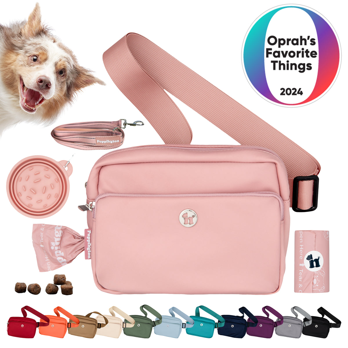 Puppington 3-in-1 Crossbody Dog Treat Pouch with Poop Bags, Slow-Feeding Travel Dog Bowl &amp; Reflective Leash