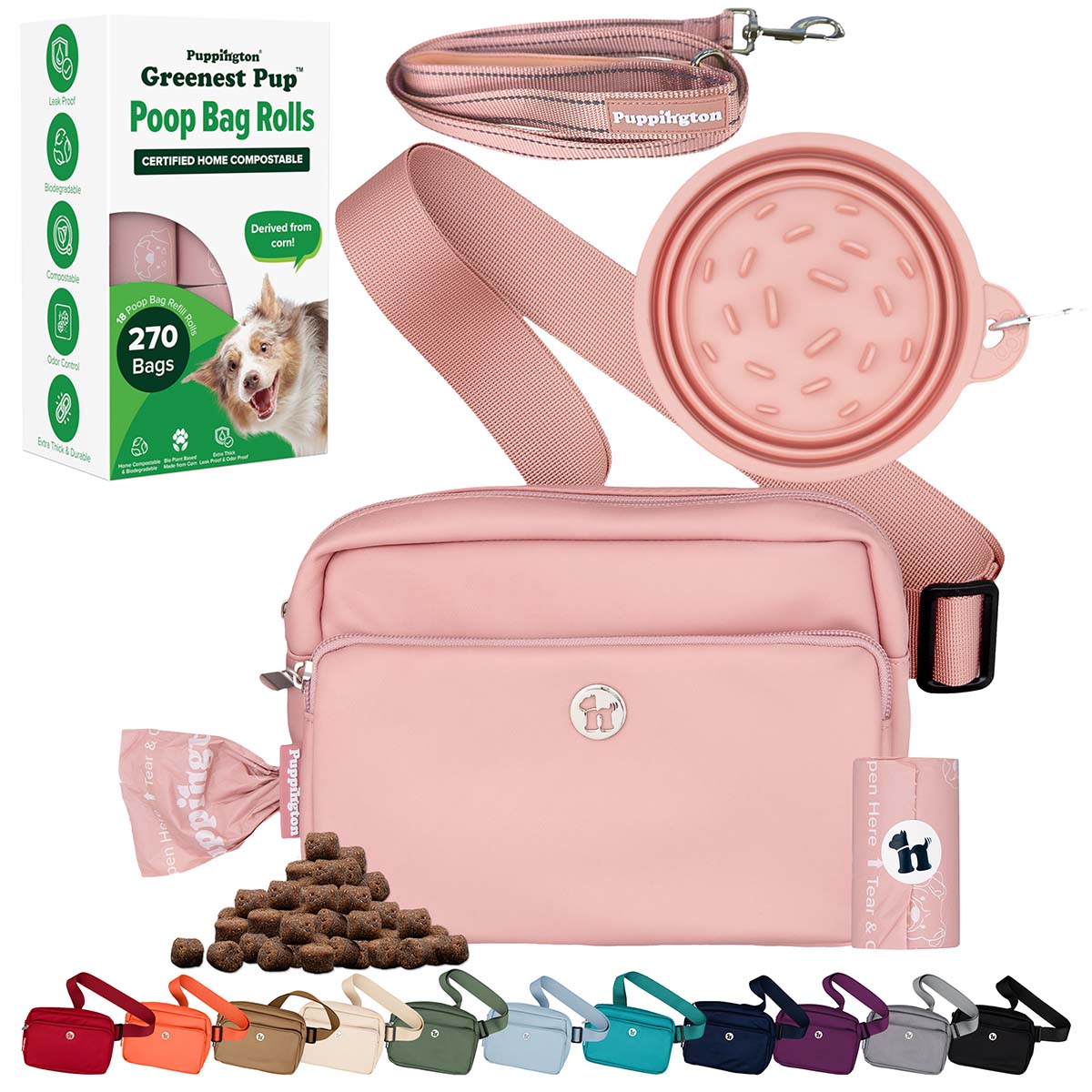 3-in-1 Crossbody Hondenuitlaatzak &amp;amp; Snackzakje met Slow Feeding Reiskom, Reflecterende Lijn &amp;amp; Bijpassende Composteerbare Poepzakjes Bundel