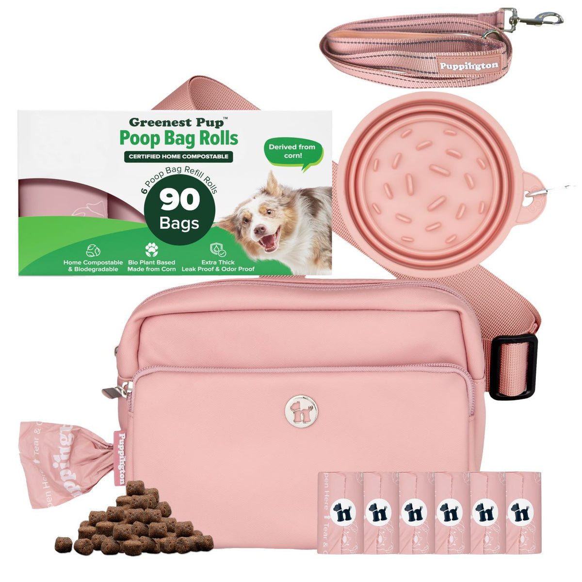 3-in-1 Crossbody Hondenuitlaatzak &amp;amp; Snackzakje met Slow Feeding Reiskom, Reflecterende Lijn &amp;amp; Bijpassende Composteerbare Poepzakjes Bundel