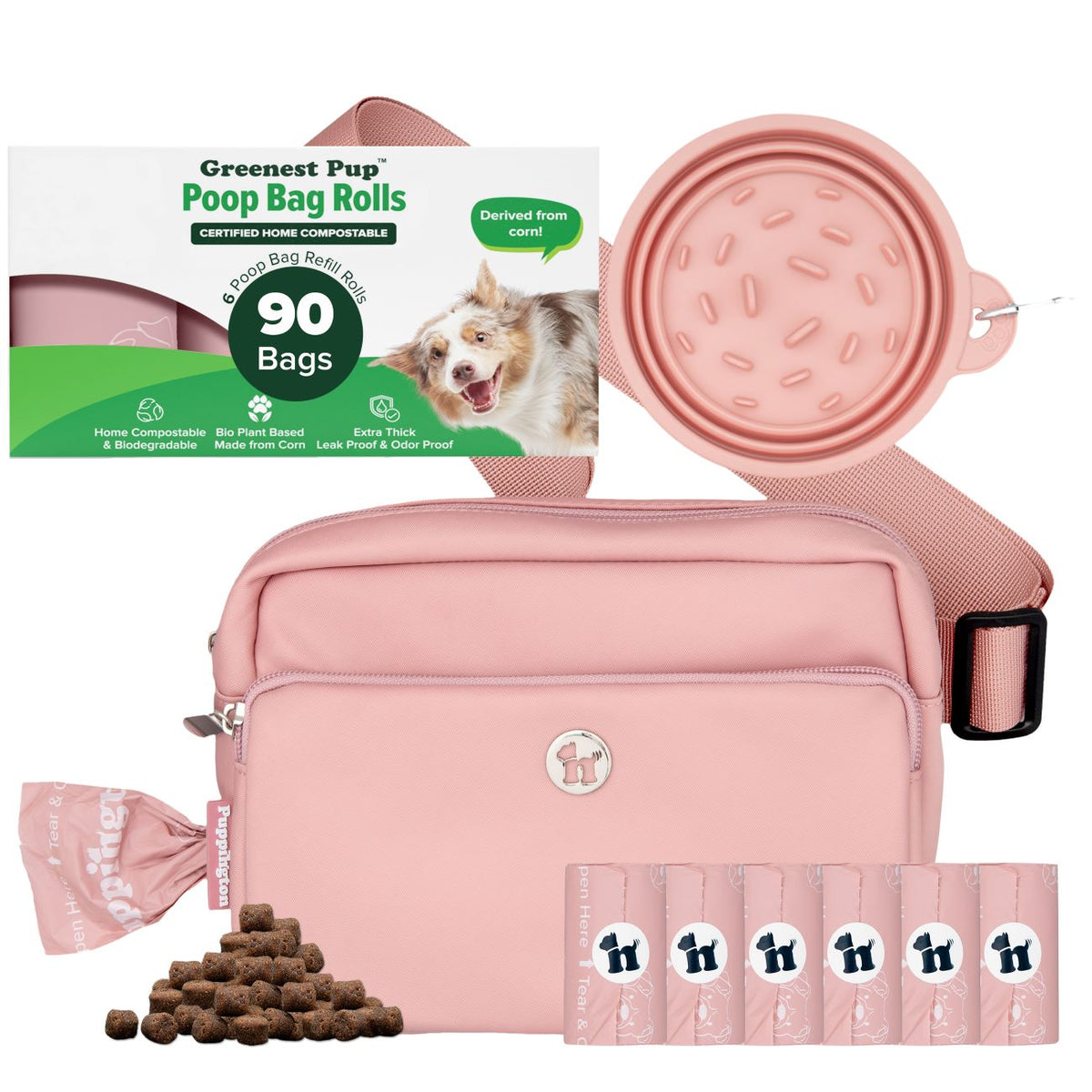 3-in-1 Crossbody Hondenuitlaatzak &amp;amp; Snackzakje met Slow Feeding Reiskom &amp;amp; Bijpassende Composteerbare Poepzakjes Bundel