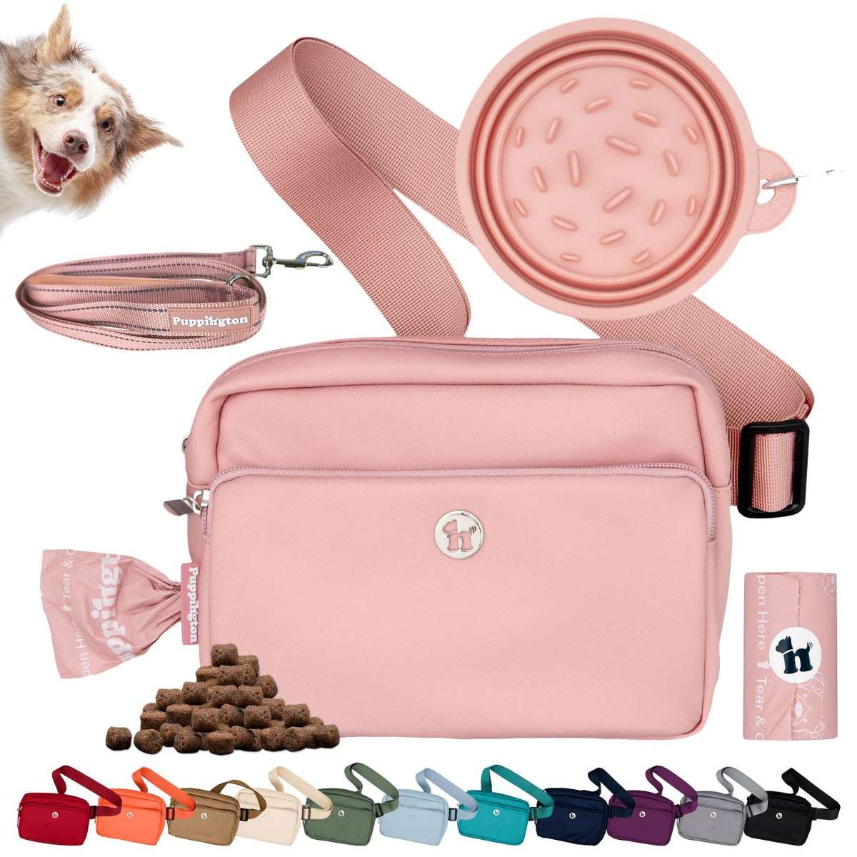 Puppington 3-in-1 Crossbody Dog Treat Pouch with Poop Bags, Slow-Feeding Travel Dog Bowl &amp; Reflective Leash