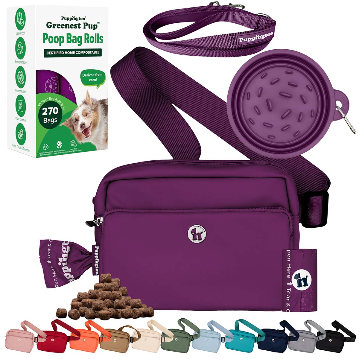 3-in-1 Crossbody Hondenuitlaatzak &amp;amp; Snackzakje met Slow Feeding Reiskom, Reflecterende Lijn &amp;amp; Bijpassende Composteerbare Poepzakjes Bundel