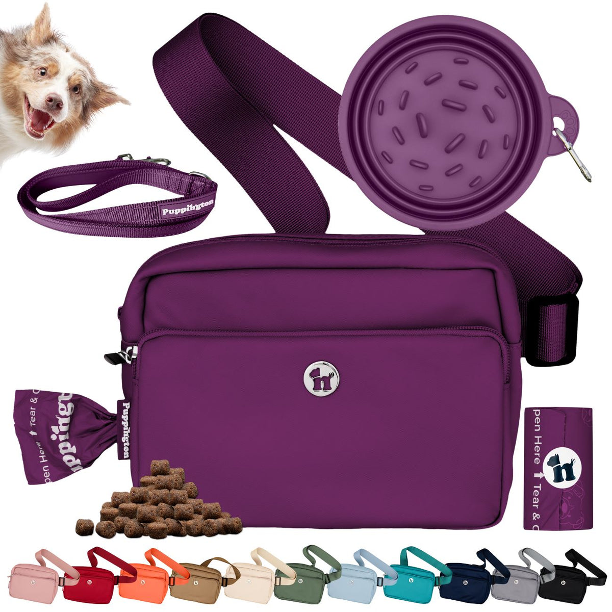 Puppington 3-in-1 Crossbody Dog Treat Pouch with Poop Bags, Slow-Feeding Travel Dog Bowl &amp; Reflective Leash
