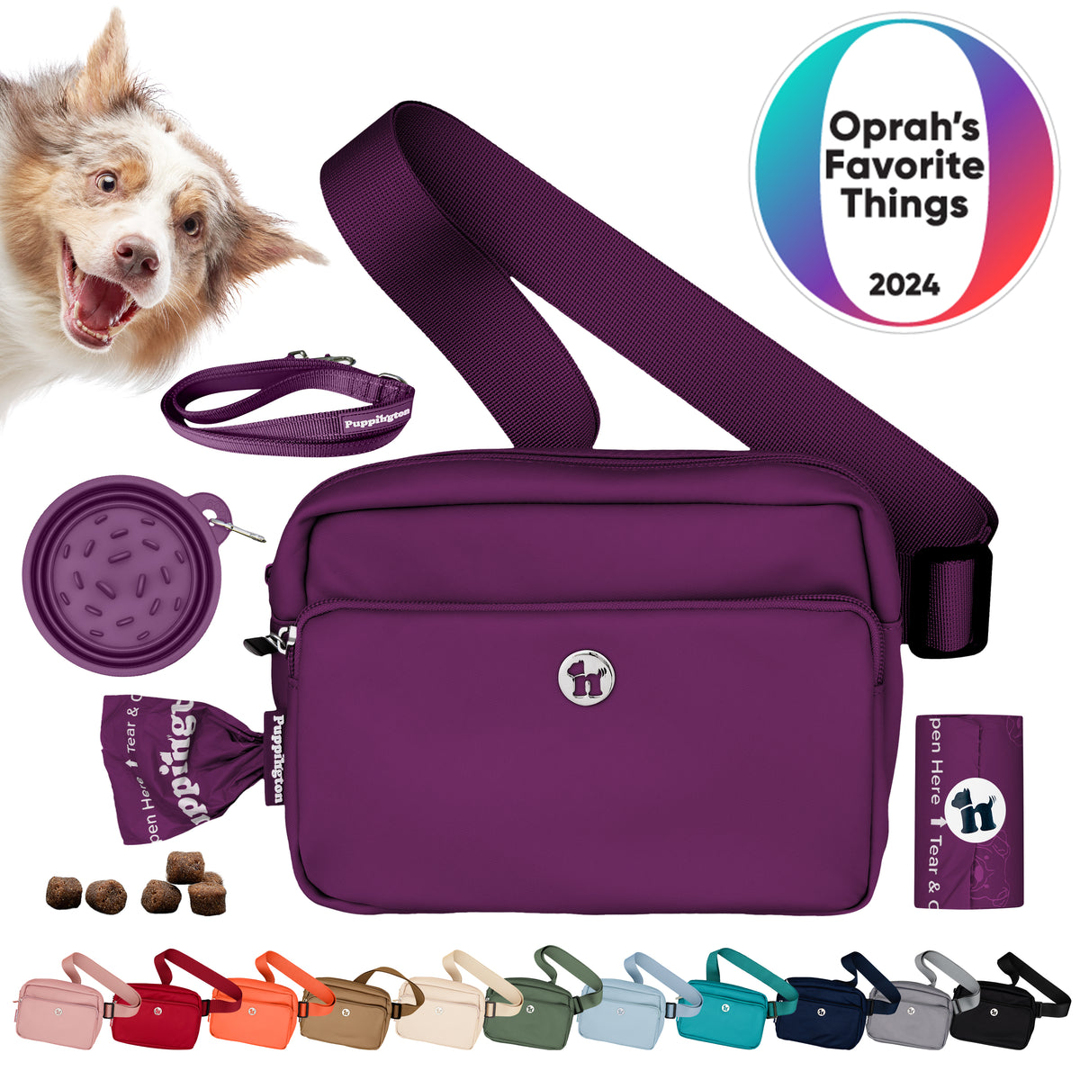 Puppington 3-in-1 Crossbody Dog Treat Pouch with Poop Bags, Slow-Feeding Travel Dog Bowl &amp; Reflective Leash