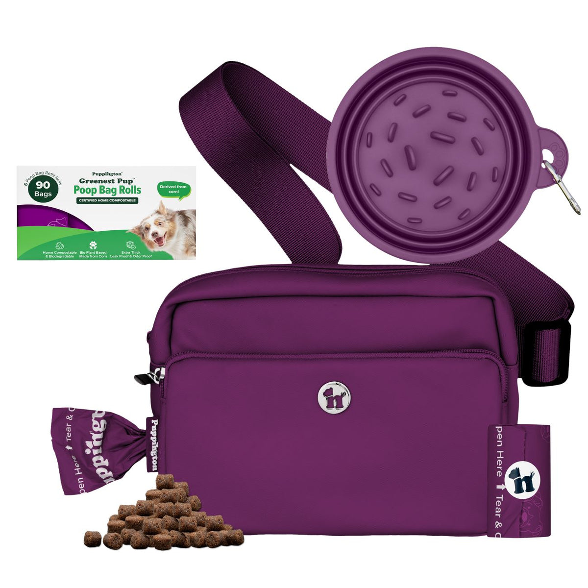 3-in-1 Crossbody Hondenuitlaatzak &amp;amp; Snackzakje met Slow Feeding Reiskom &amp;amp; Bijpassende Composteerbare Poepzakjes Bundel