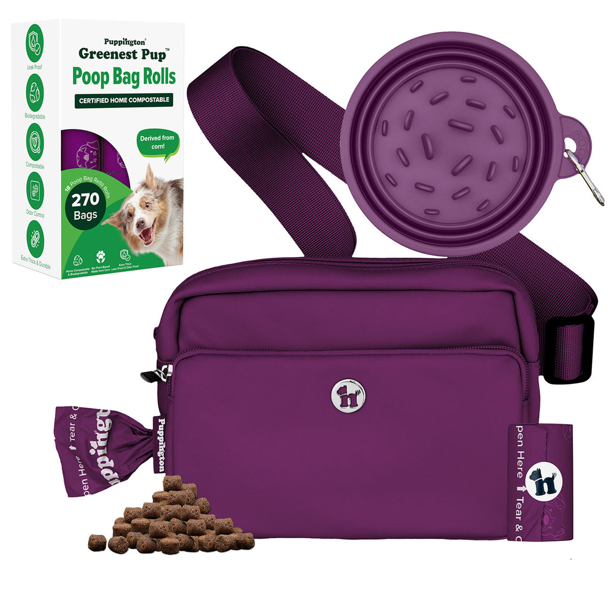 3-in-1 Crossbody Hondenuitlaatzak &amp;amp; Snackzakje met Slow Feeding Reiskom &amp;amp; Bijpassende Composteerbare Poepzakjes Bundel