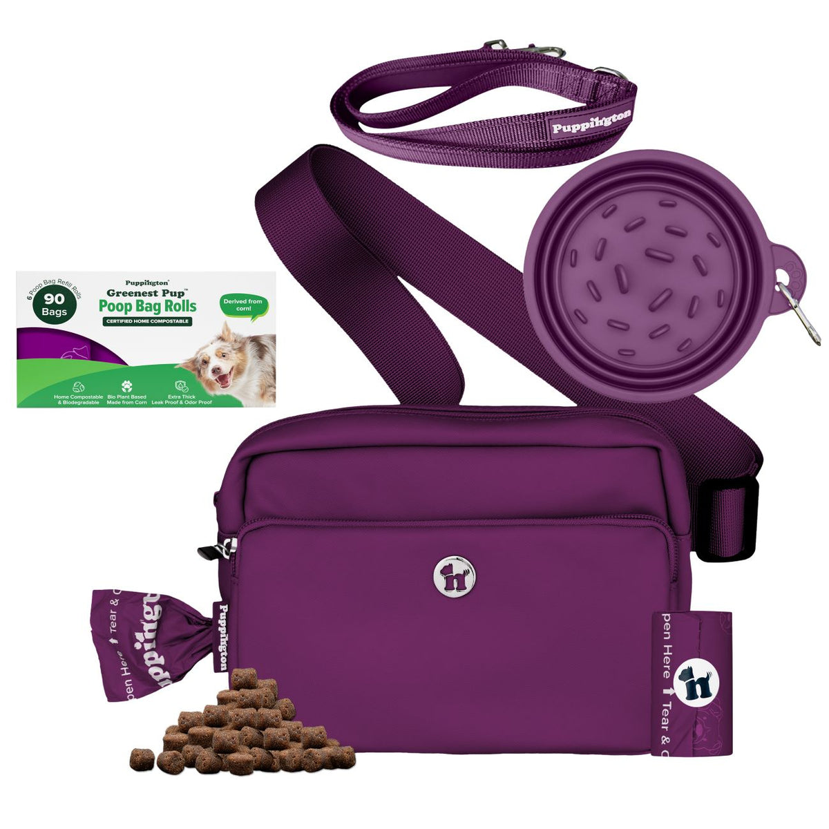 3-in-1 Crossbody Hondenuitlaatzak &amp;amp; Snackzakje met Slow Feeding Reiskom, Reflecterende Lijn &amp;amp; Bijpassende Composteerbare Poepzakjes Bundel
