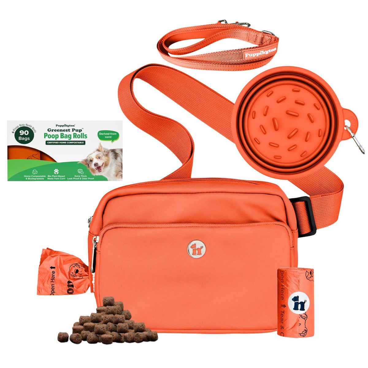 3-in-1 Crossbody Hondenuitlaatzak &amp;amp; Snackzakje met Slow Feeding Reiskom, Reflecterende Lijn &amp;amp; Bijpassende Composteerbare Poepzakjes Bundel
