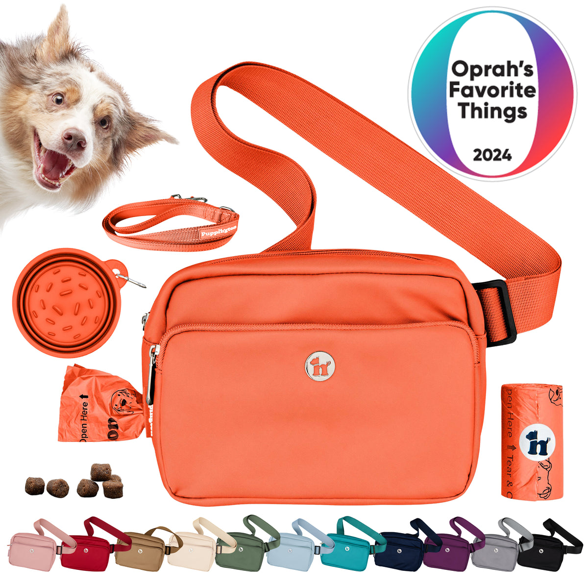 Puppington 3-in-1 Crossbody Dog Treat Pouch with Poop Bags, Slow-Feeding Travel Dog Bowl &amp; Reflective Leash