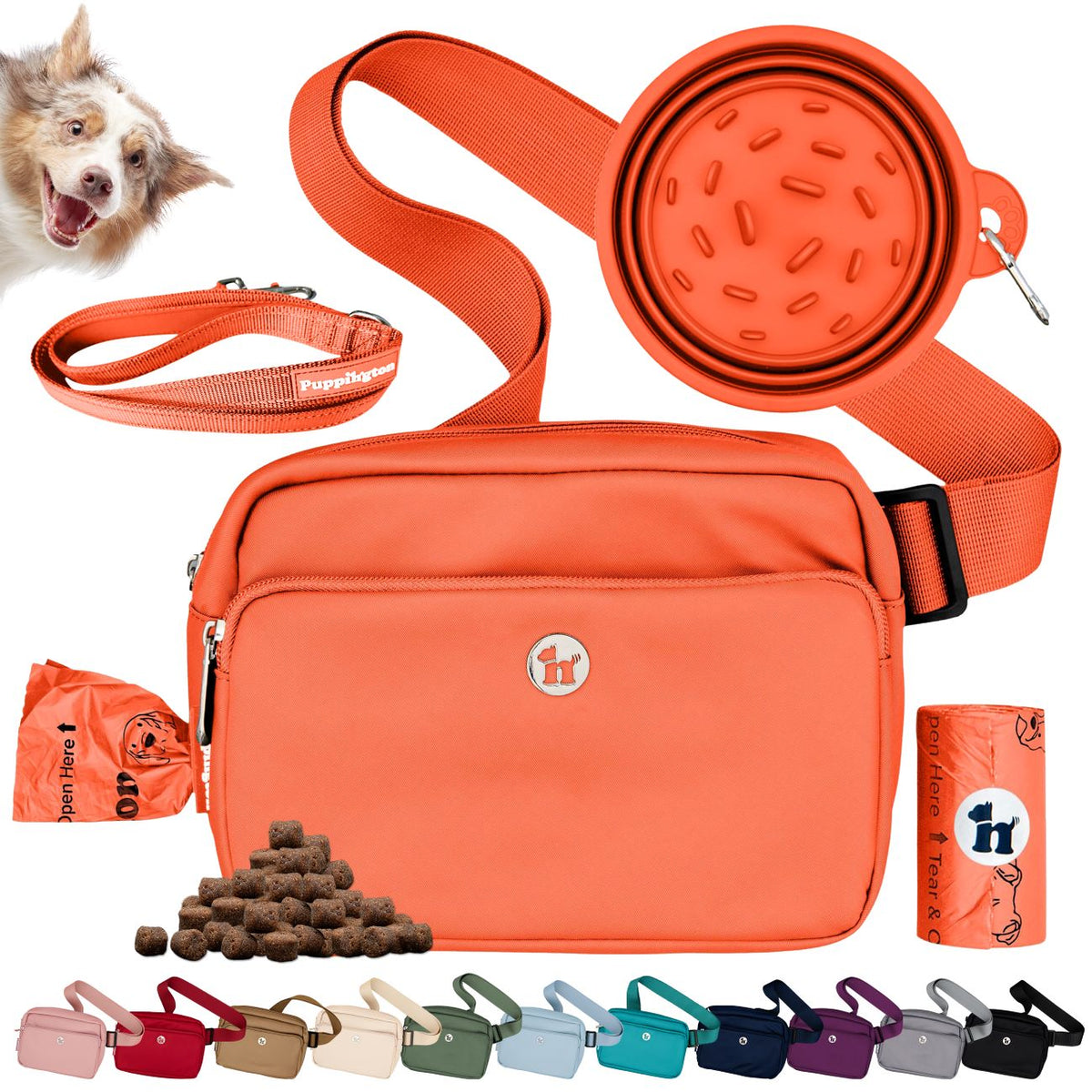 Puppington 3-in-1 Crossbody Dog Treat Pouch with Poop Bags, Slow-Feeding Travel Dog Bowl &amp; Reflective Leash