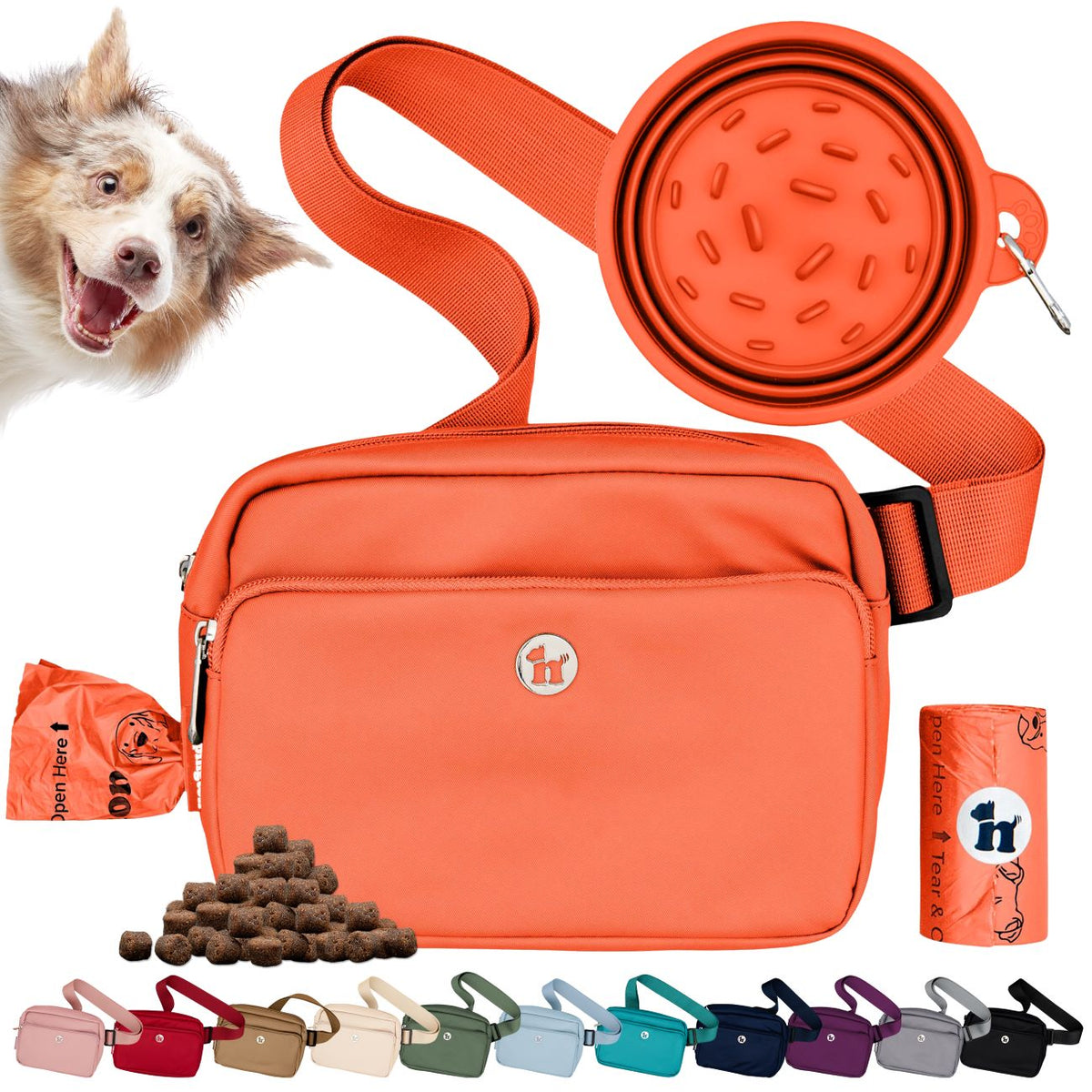 Puppington 3-in-1 Crossbody Dog Treat Pouch with Matching Poop Bags and Slow Feeding Travel Bowl