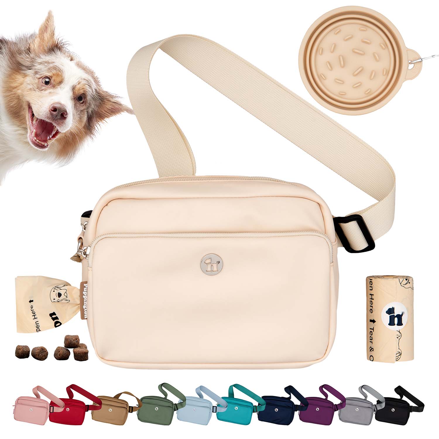 Puppington 3-in-1 Crossbody Dog Treat Pouch with Matching Poop Bags and Slow Feeding Travel Bowl