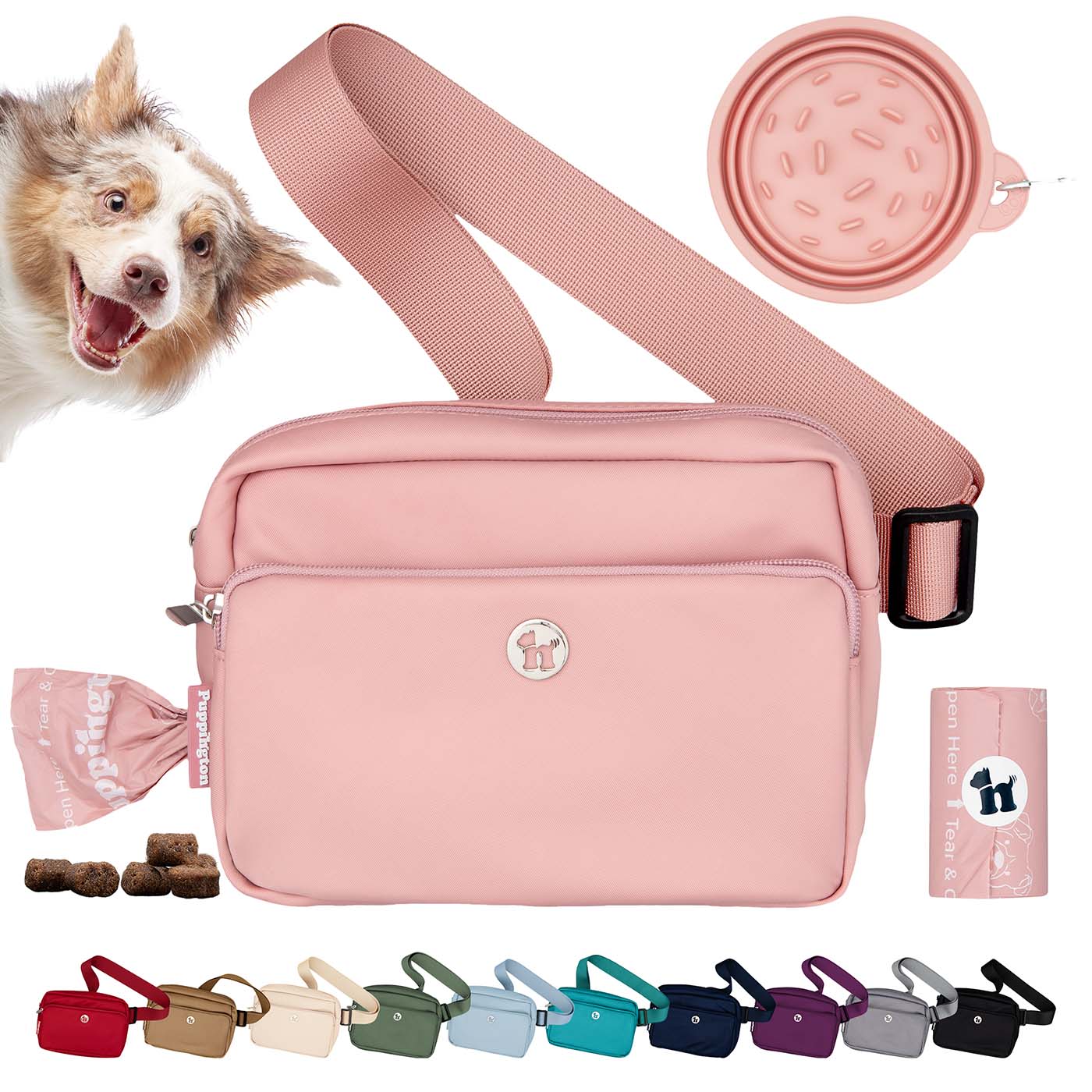 Puppington 3-in-1 Crossbody Dog Treat Pouch with Matching Poop Bags and Slow Feeding Travel Bowl