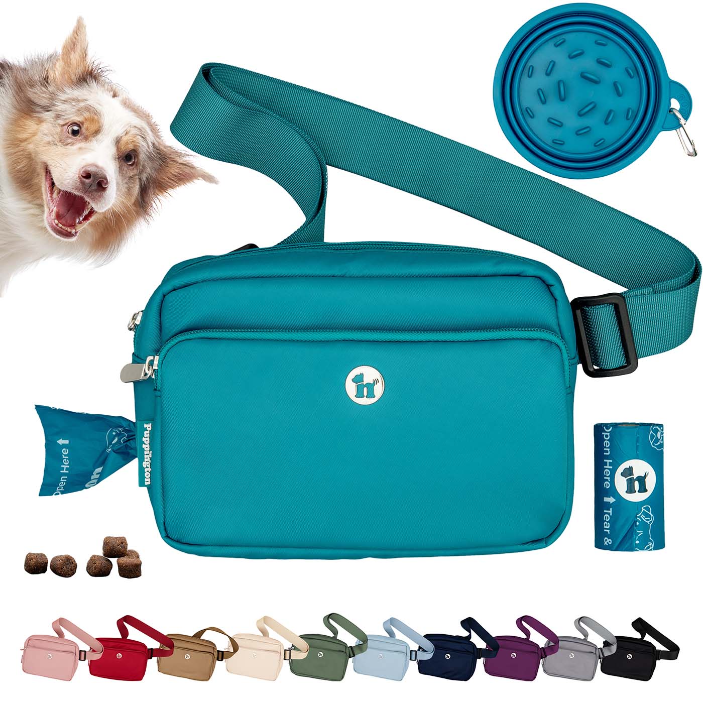 Puppington 3-in-1 Crossbody Dog Treat Pouch with Matching Poop Bags and Slow Feeding Travel Bowl