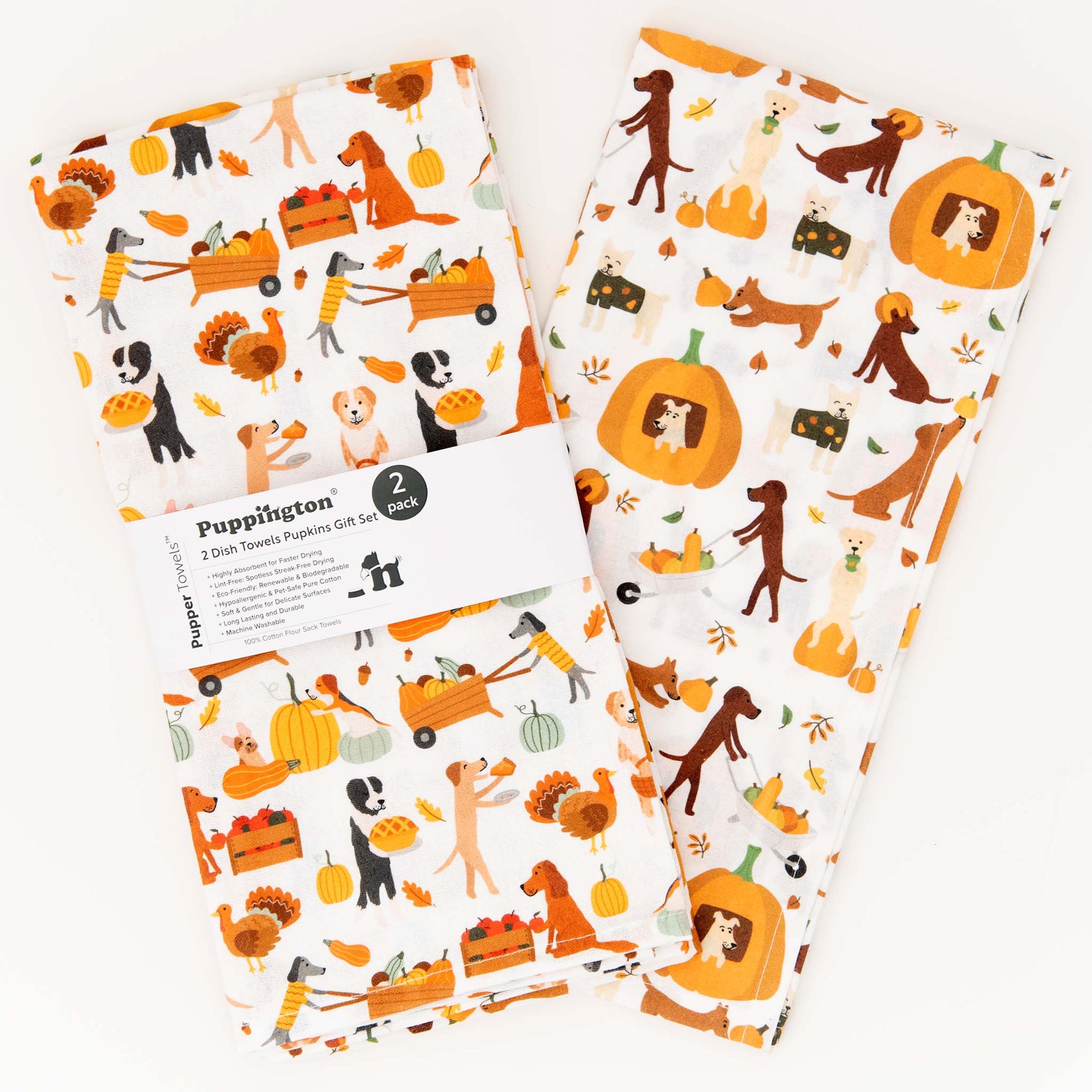 Pupkins Kitchen Towel Gift Set Fall Decor - Halloween and Thanksgiving Dog Tea Towels - Harvest Hounds