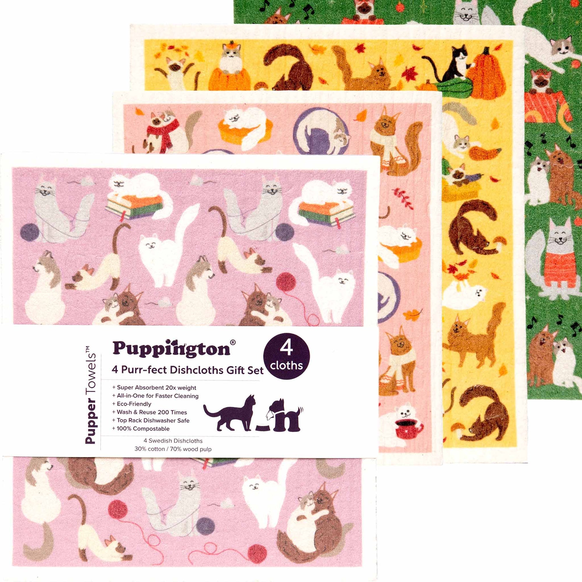 Puppington Pupper Towels Swedish Dishcloths 4-Piece Gift Set for Cat Lovers