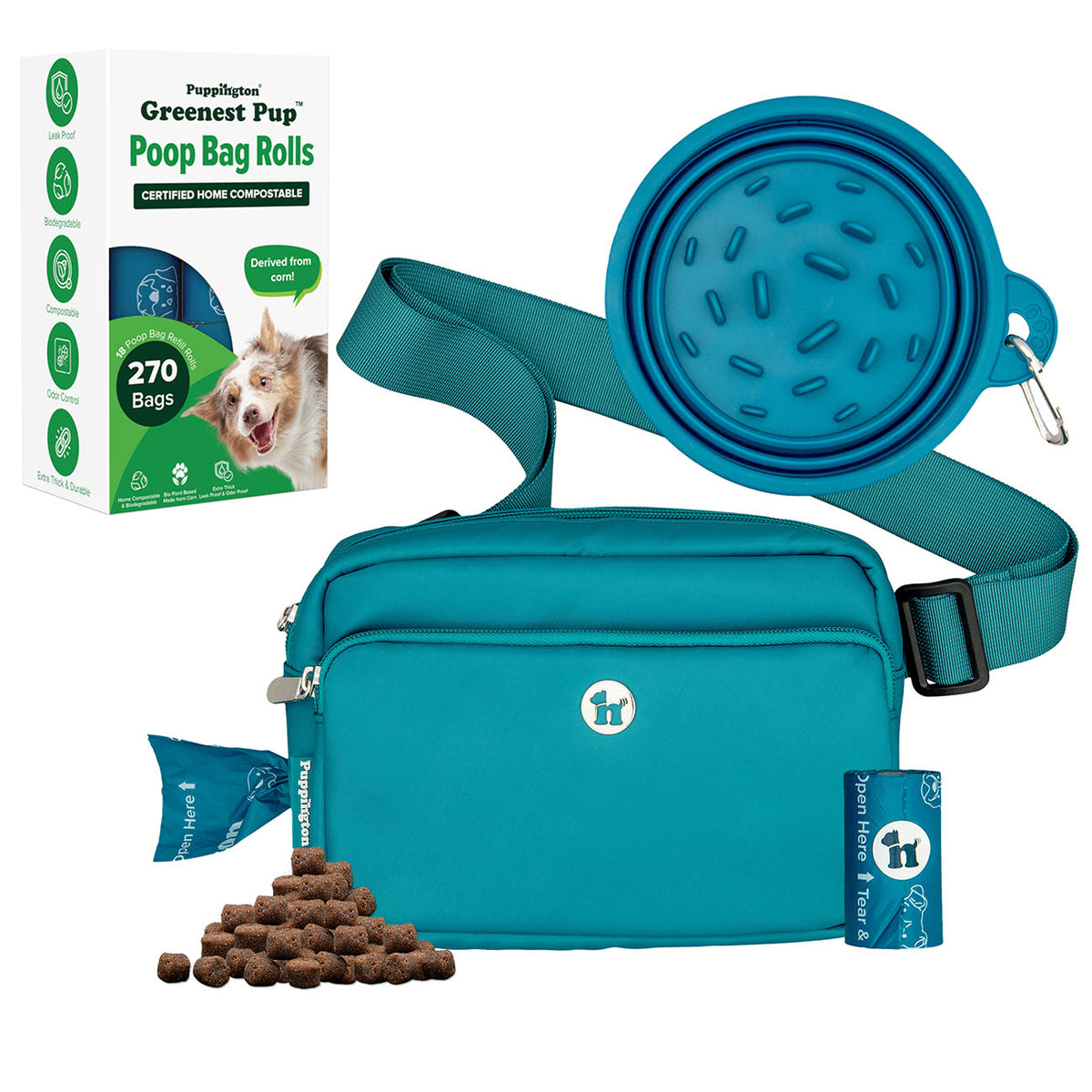 3-in-1 Crossbody Hondenuitlaatzak &amp;amp; Snackzakje met Slow Feeding Reiskom &amp;amp; Bijpassende Composteerbare Poepzakjes Bundel