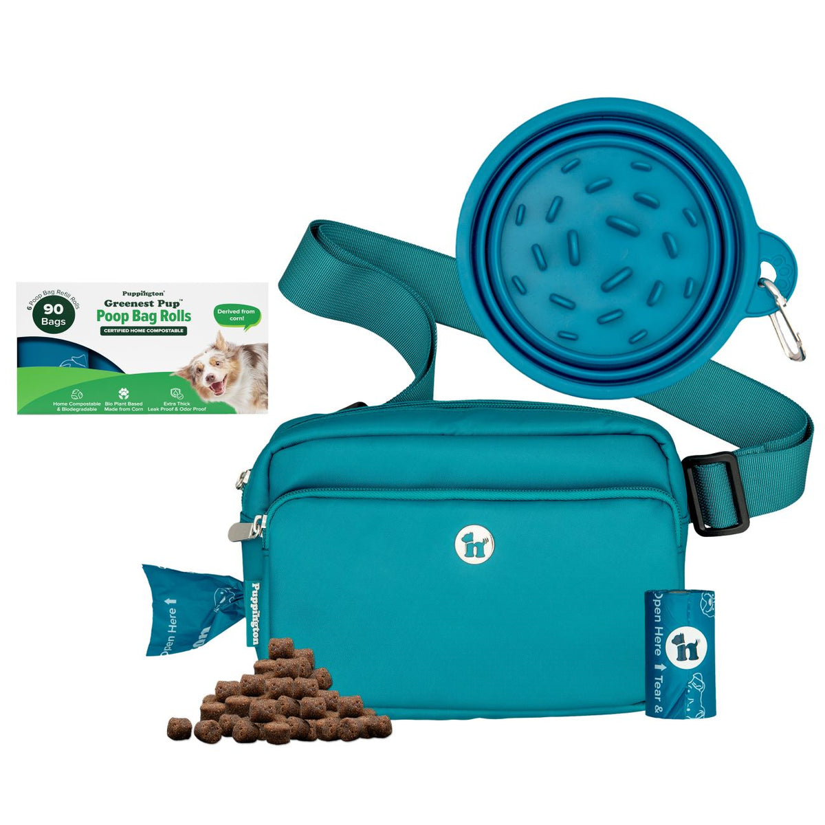 3-in-1 Crossbody Hondenuitlaatzak &amp;amp; Snackzakje met Slow Feeding Reiskom &amp;amp; Bijpassende Composteerbare Poepzakjes Bundel