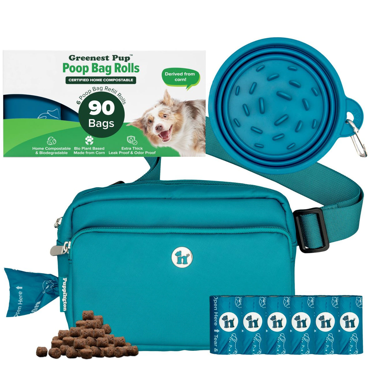 3-in-1 Crossbody Hondenuitlaatzak &amp;amp; Snackzakje met Slow Feeding Reiskom &amp;amp; Bijpassende Composteerbare Poepzakjes Bundel