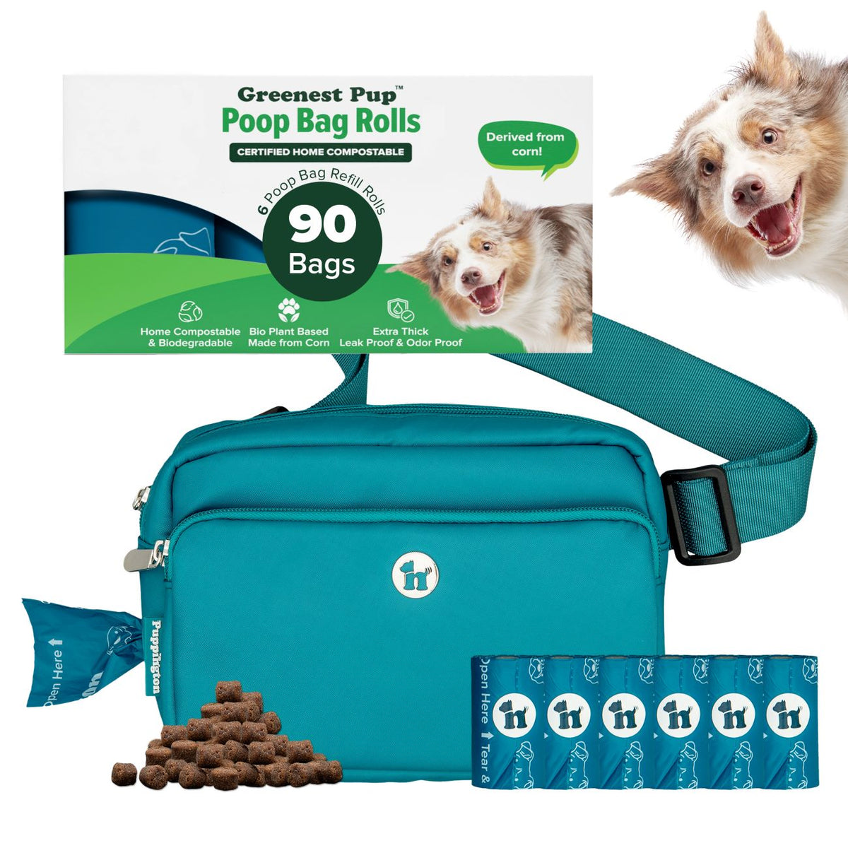 3-in-1 Crossbody Hondenuitlaatzak &amp;amp; Snoepzakje met bijpassende composteerbare poepzakjes