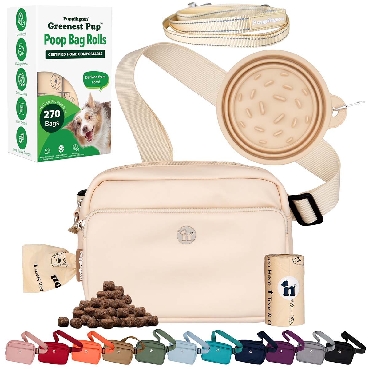 3-in-1 Crossbody Hondenuitlaatzak &amp;amp; Snackzakje met Slow Feeding Reiskom, Reflecterende Lijn &amp;amp; Bijpassende Composteerbare Poepzakjes Bundel