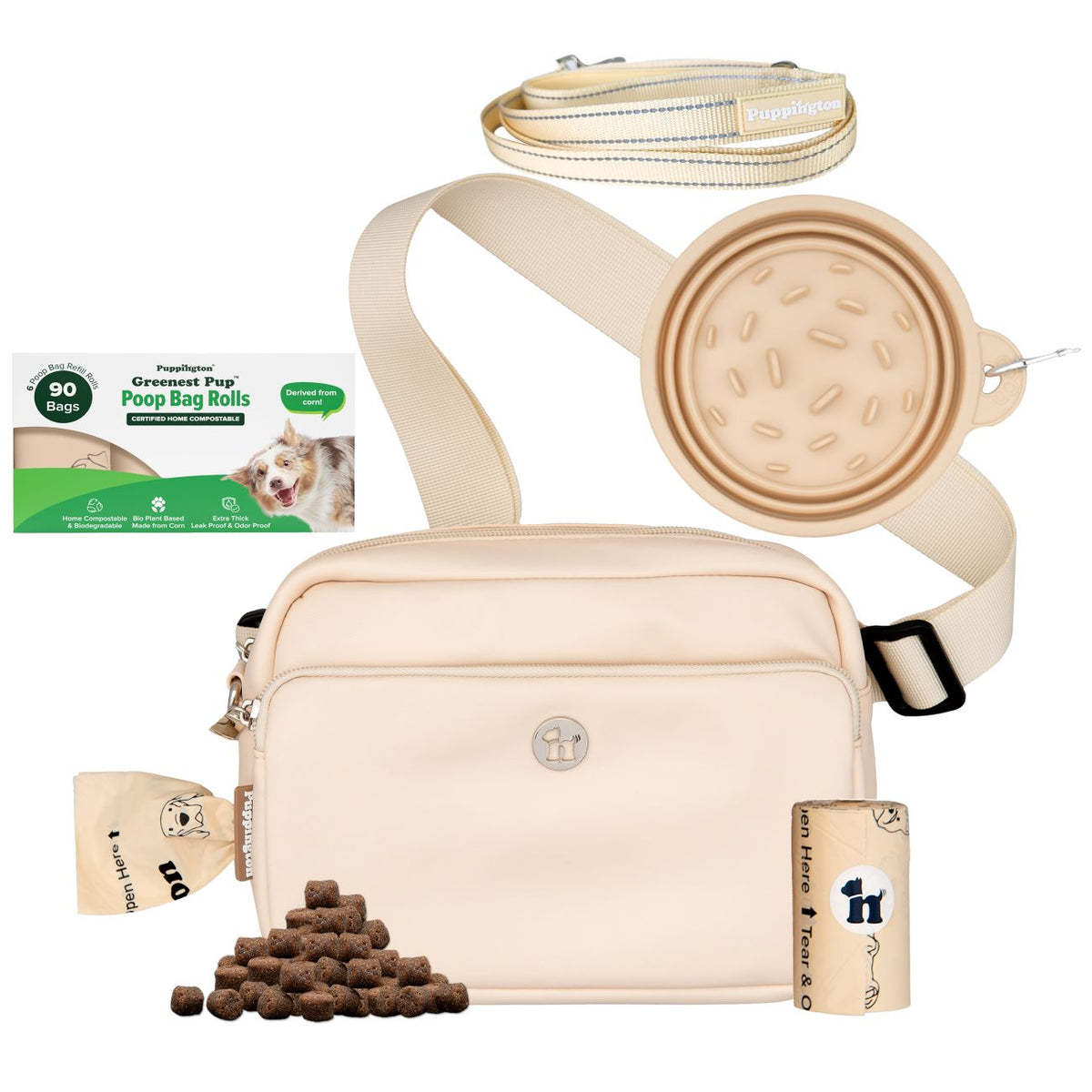 3-in-1 Crossbody Hondenuitlaatzak &amp;amp; Snackzakje met Slow Feeding Reiskom, Reflecterende Lijn &amp;amp; Bijpassende Composteerbare Poepzakjes Bundel