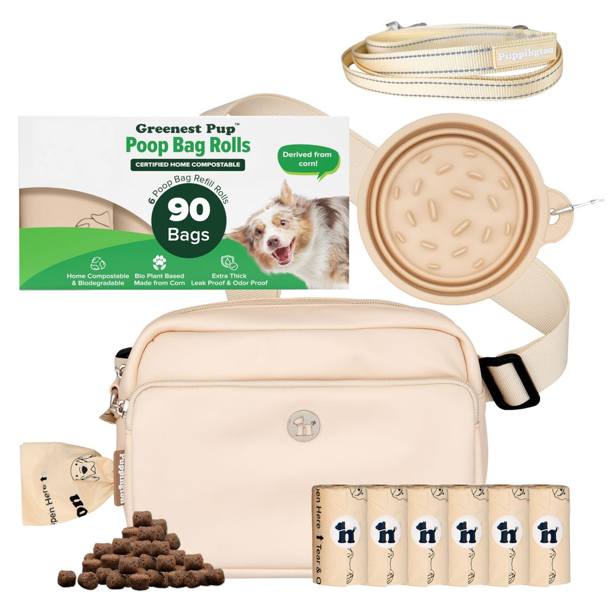 3-in-1 Crossbody Hondenuitlaatzak &amp;amp; Snackzakje met Slow Feeding Reiskom, Reflecterende Lijn &amp;amp; Bijpassende Composteerbare Poepzakjes Bundel