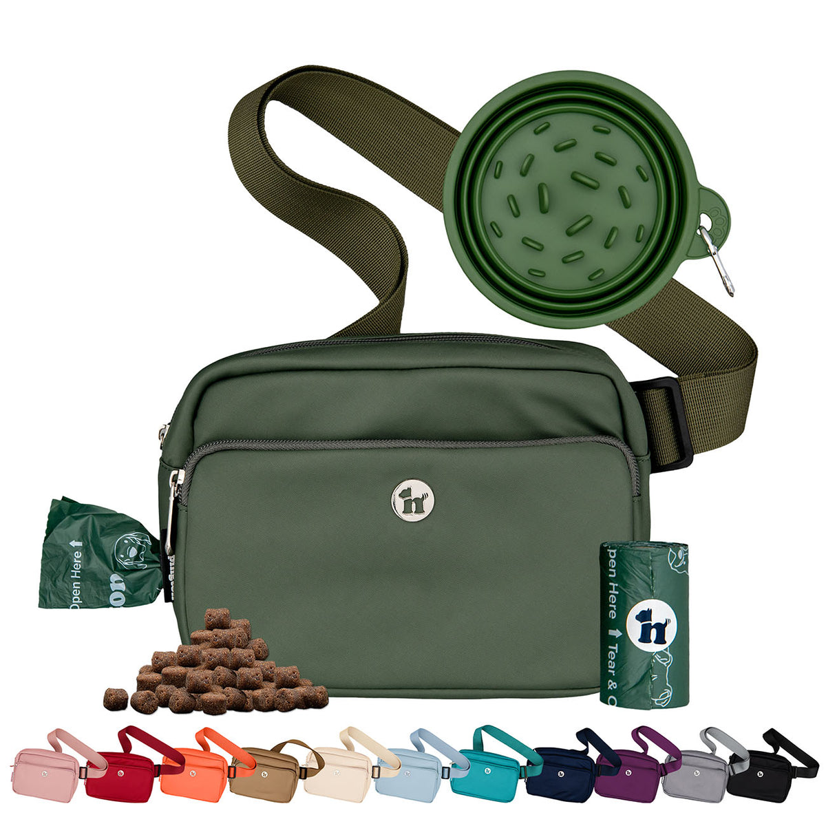 Puppington 3-in-1 Crossbody Dog Treat Pouch with Matching Poop Bags and Slow Feeding Travel Bowl