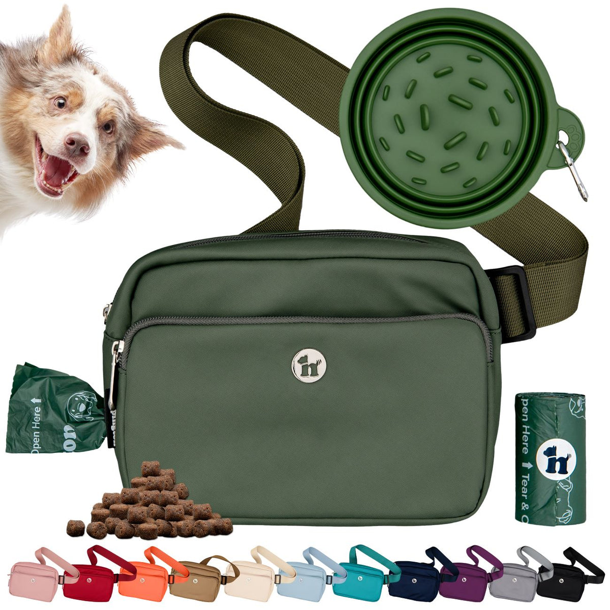 Puppington 3-in-1 Crossbody Dog Treat Pouch with Matching Poop Bags and Slow Feeding Travel Bowl