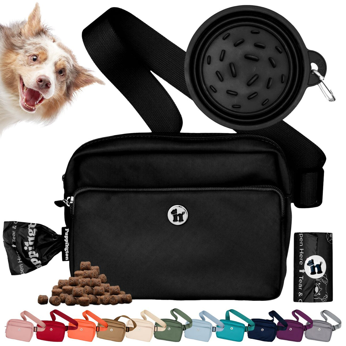 Puppington 3-in-1 Crossbody Dog Treat Pouch with Matching Poop Bags and Slow Feeding Travel Bowl