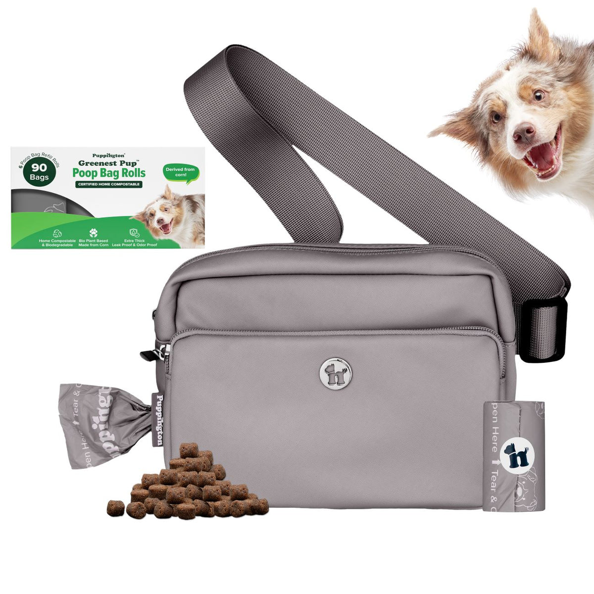 3-in-1 Crossbody Hondenuitlaatzak &amp;amp; Snoepzakje met bijpassende composteerbare poepzakjes