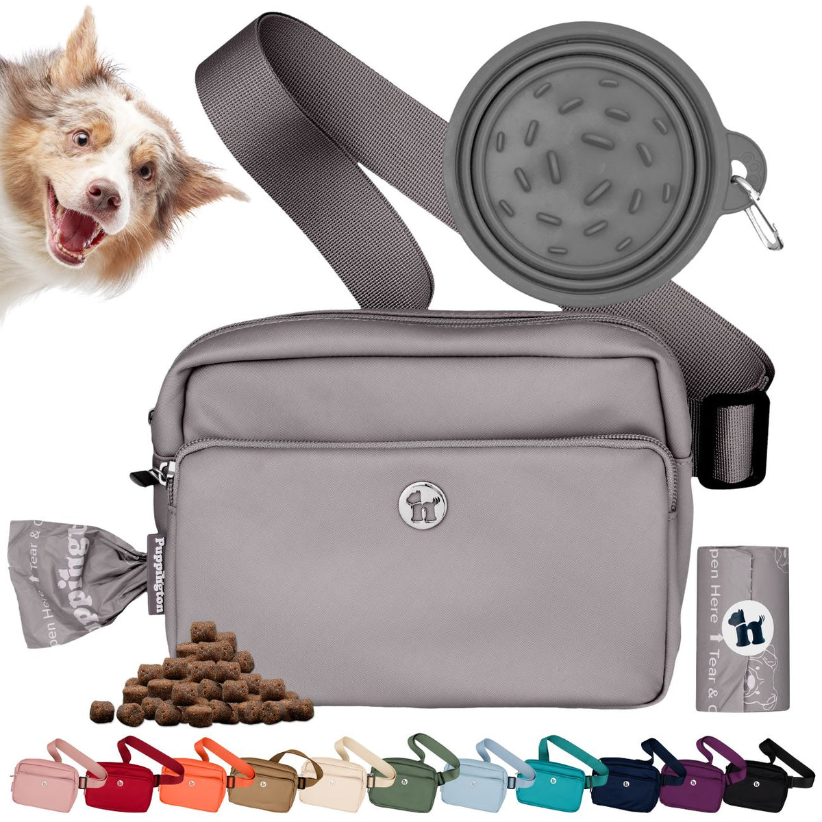Puppington 3-in-1 Crossbody Dog Treat Pouch with Matching Poop Bags and Slow Feeding Travel Bowl