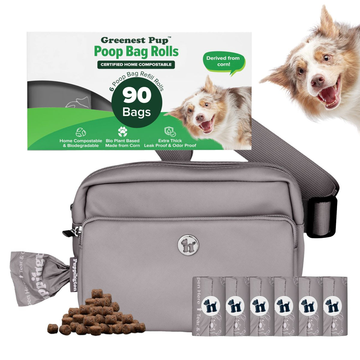 3-in-1 Crossbody Hondenuitlaatzak &amp;amp; Snoepzakje met bijpassende composteerbare poepzakjes