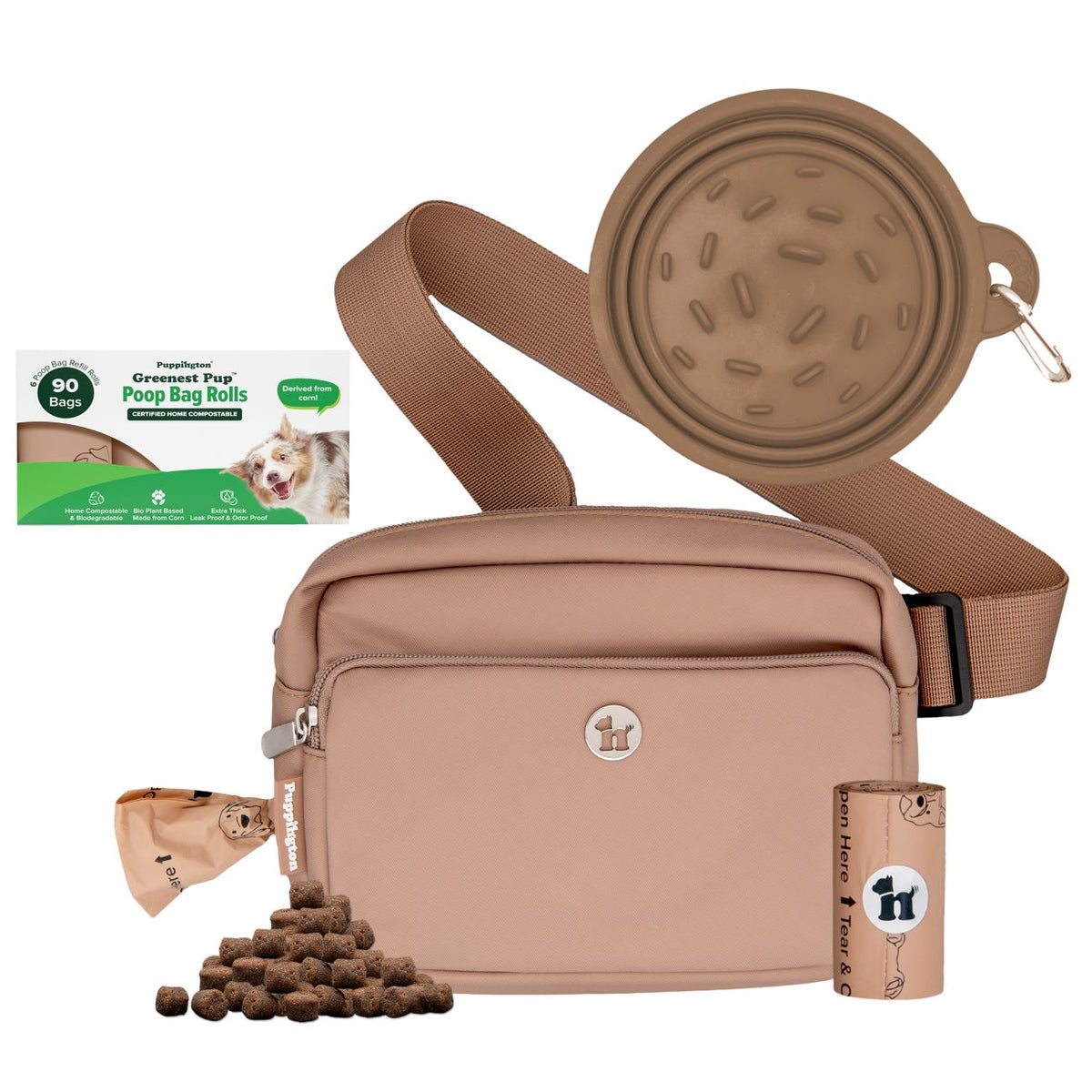 3-in-1 Crossbody Hondenuitlaatzak &amp;amp; Snackzakje met Slow Feeding Reiskom &amp;amp; Bijpassende Composteerbare Poepzakjes Bundel