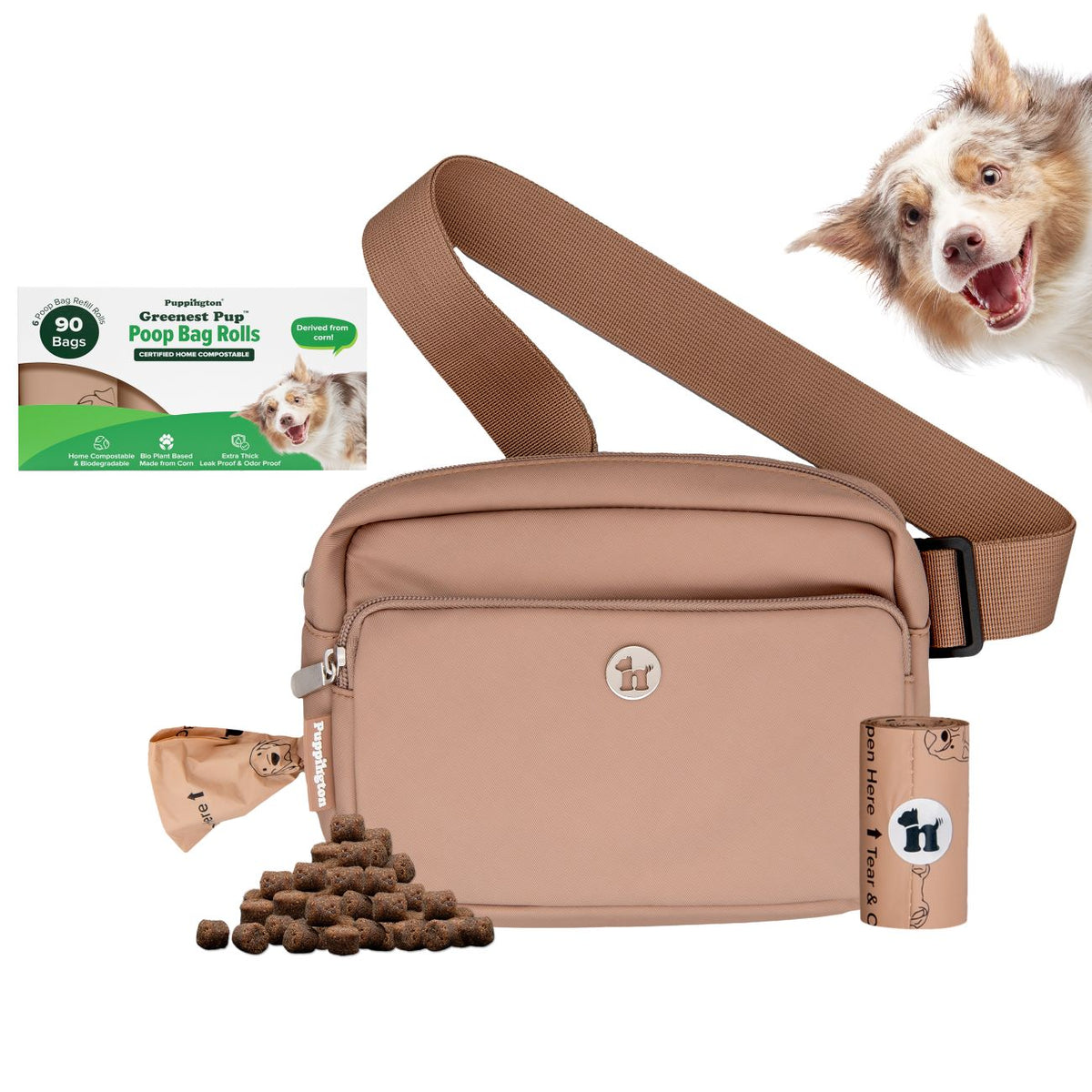 3-in-1 Crossbody Hondenuitlaatzak &amp;amp; Snoepzakje met bijpassende composteerbare poepzakjes