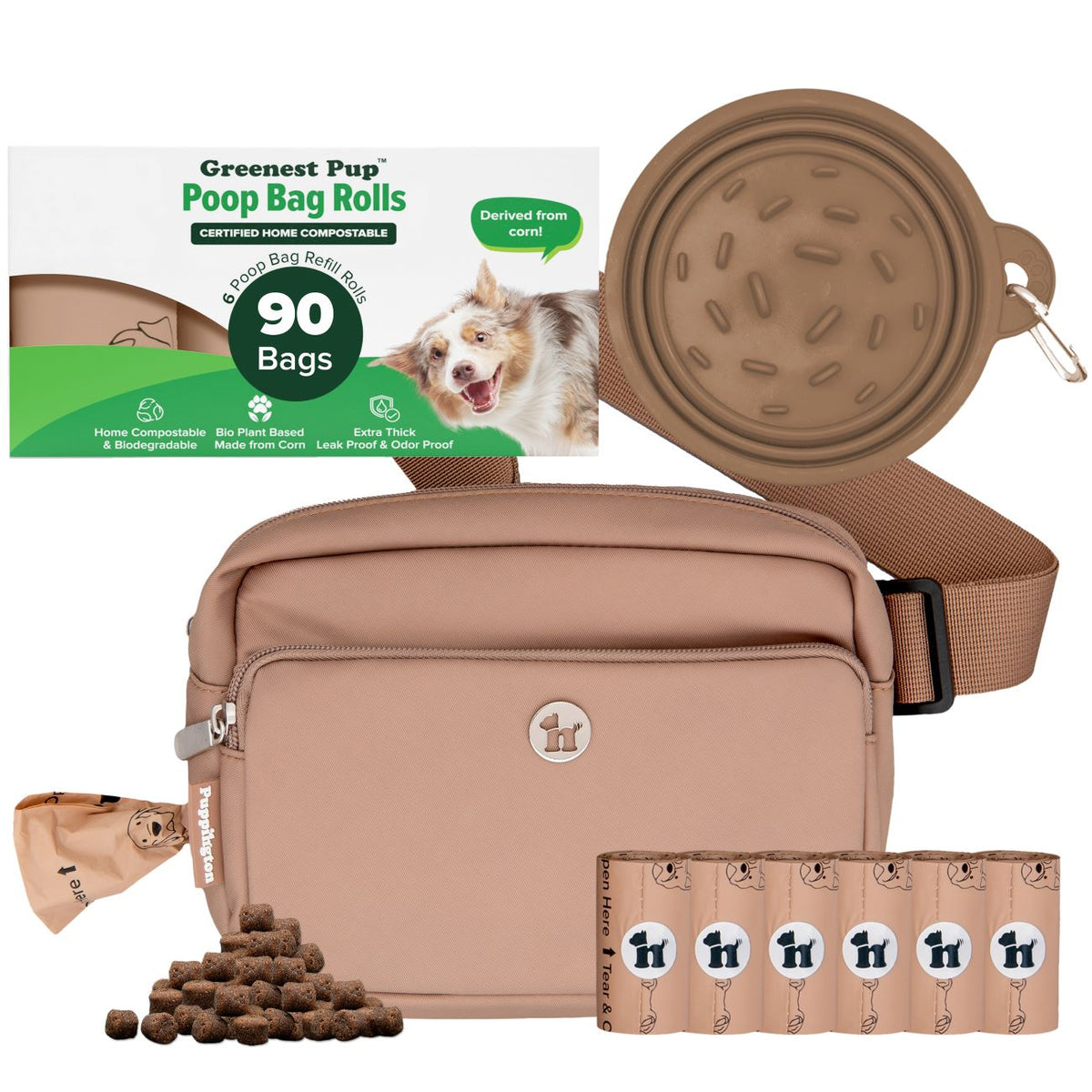 3-in-1 Crossbody Hondenuitlaatzak &amp;amp; Snackzakje met Slow Feeding Reiskom &amp;amp; Bijpassende Composteerbare Poepzakjes Bundel