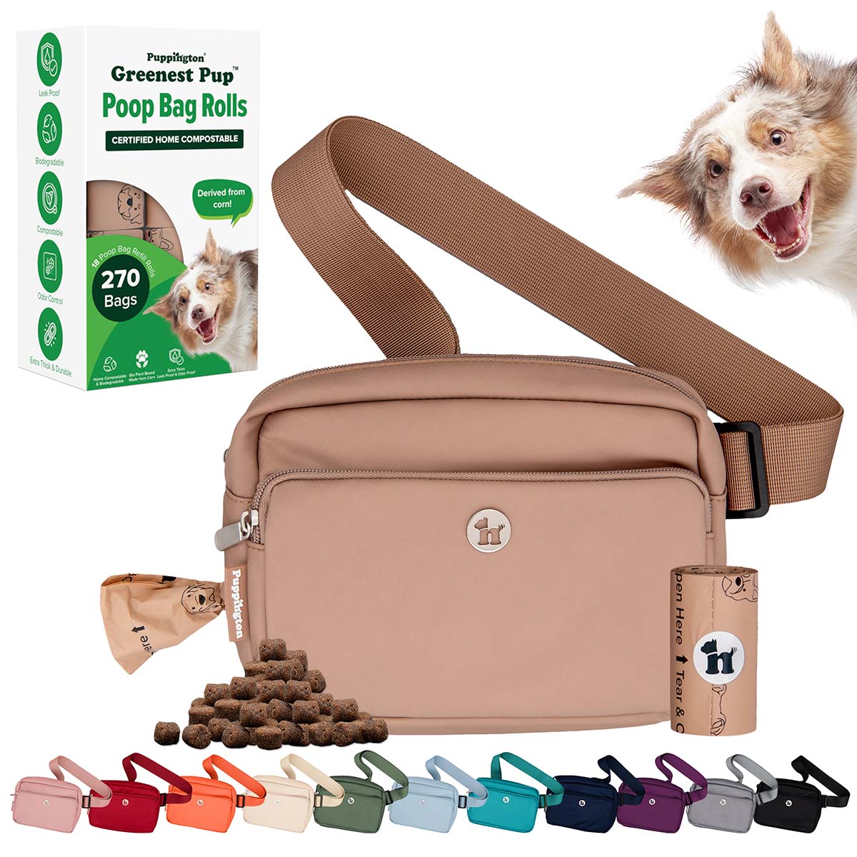 3-in-1 Crossbody Hondenuitlaatzak &amp;amp; Snoepzakje met bijpassende composteerbare poepzakjes