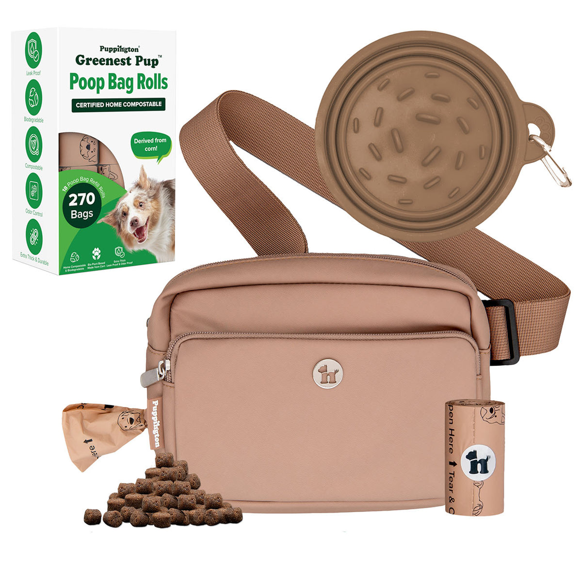 3-in-1 Crossbody Hondenuitlaatzak &amp;amp; Snackzakje met Slow Feeding Reiskom &amp;amp; Bijpassende Composteerbare Poepzakjes Bundel