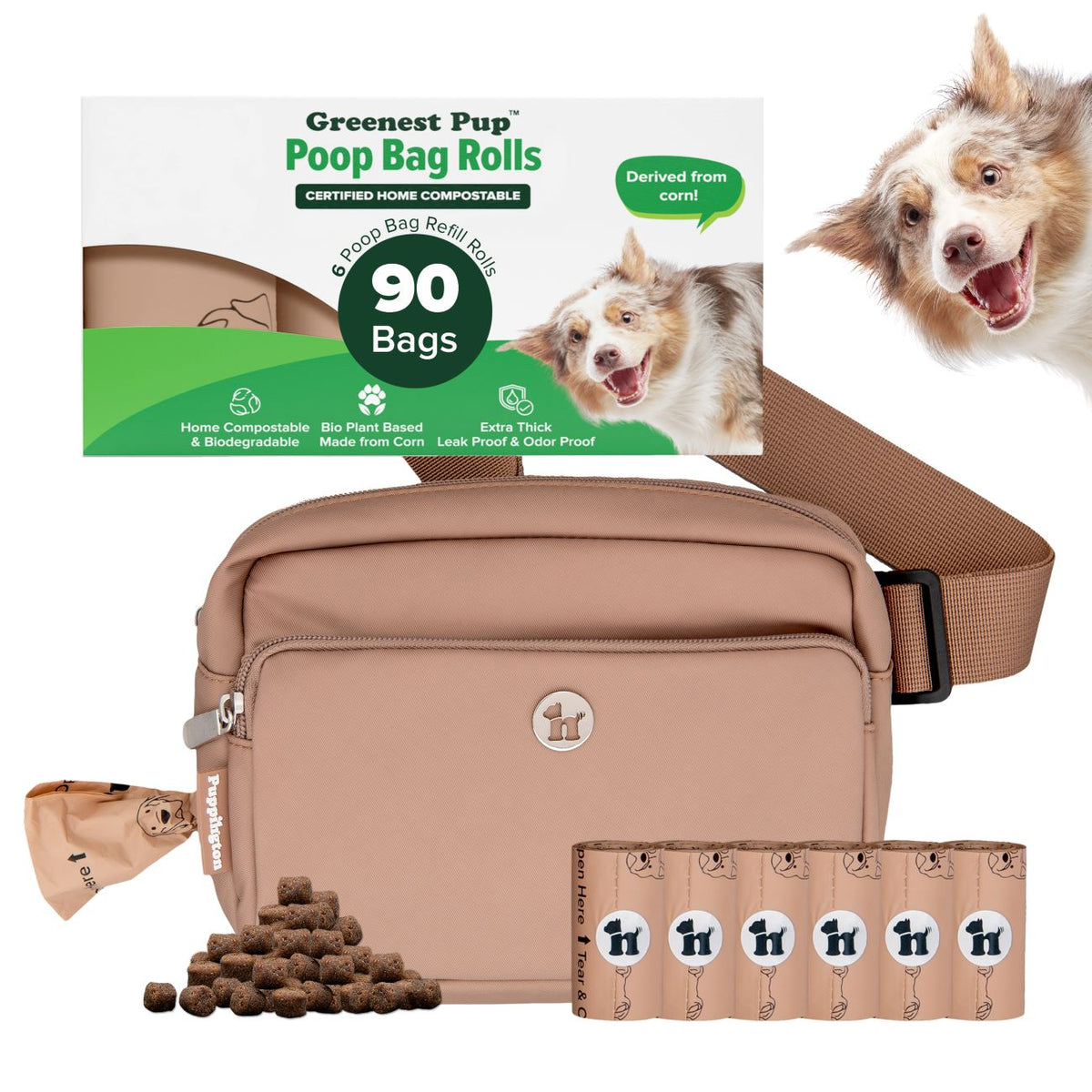 3-in-1 Crossbody Hondenuitlaatzak &amp;amp; Snoepzakje met bijpassende composteerbare poepzakjes