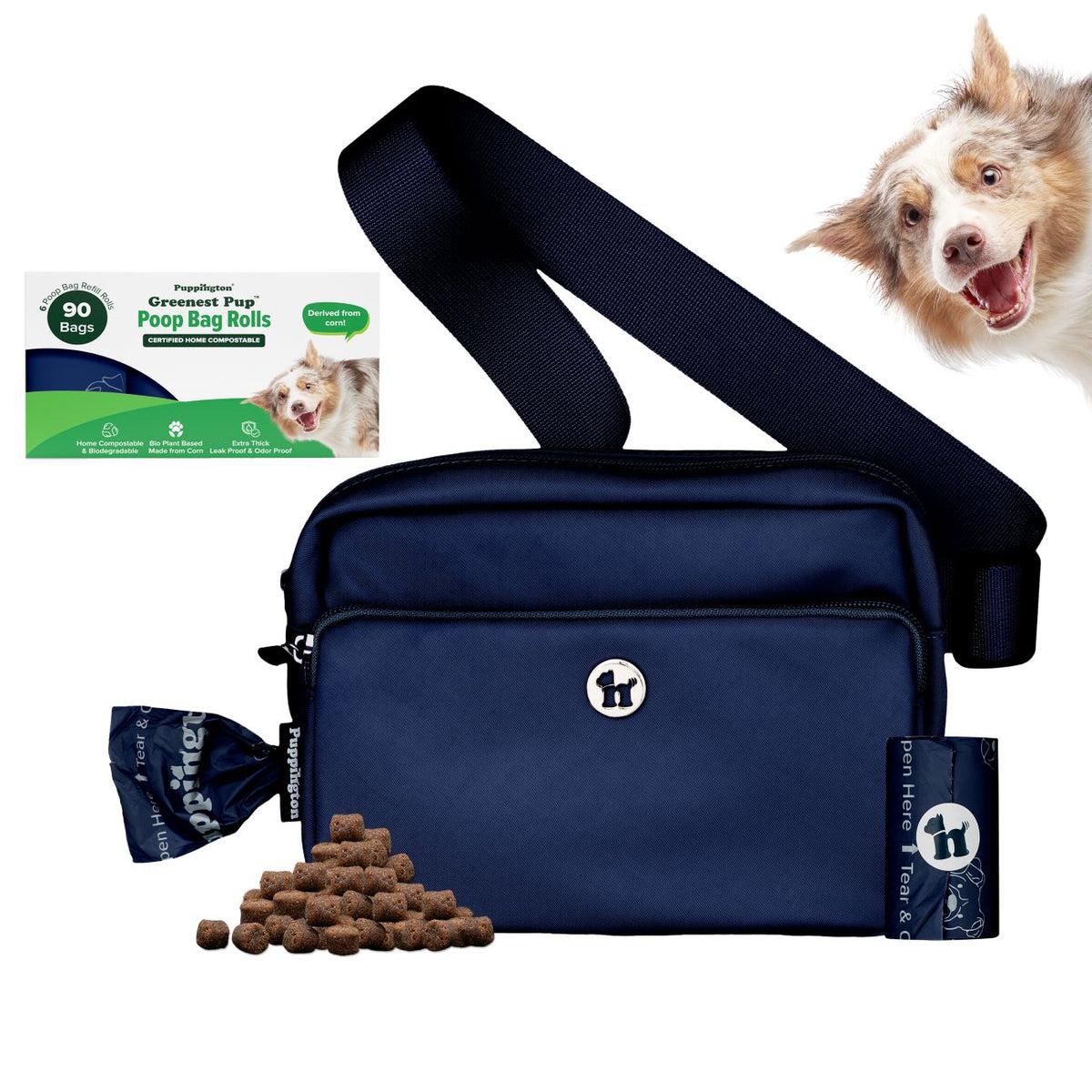 3-in-1 Crossbody Hondenuitlaatzak &amp;amp; Snoepzakje met bijpassende composteerbare poepzakjes