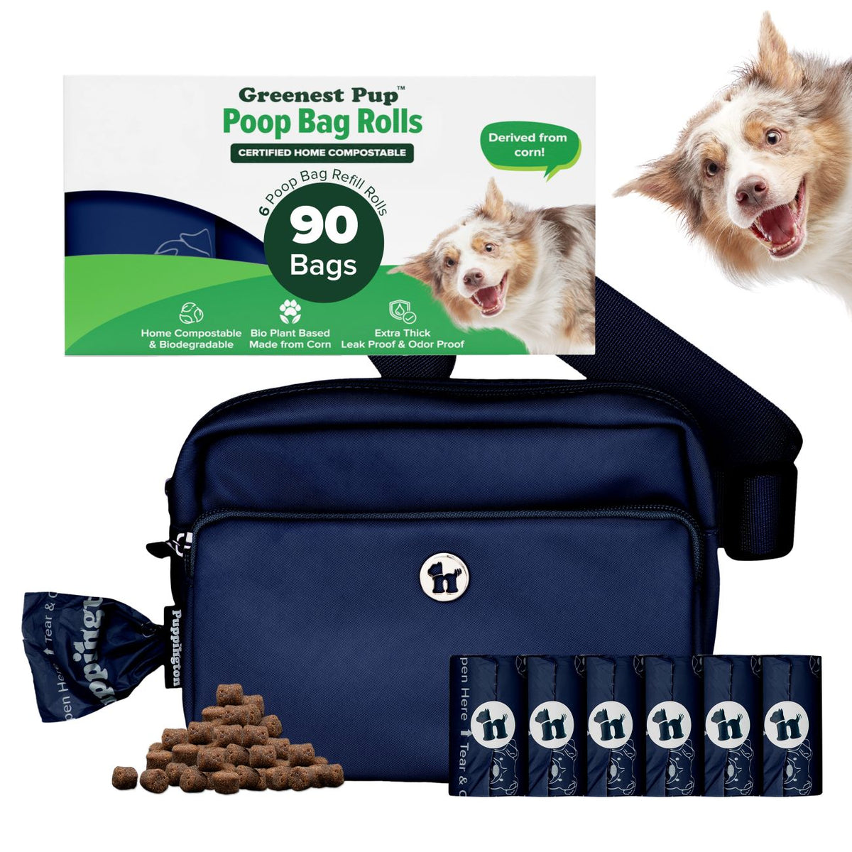 3-in-1 Crossbody Hondenuitlaatzak &amp;amp; Snoepzakje met bijpassende composteerbare poepzakjes