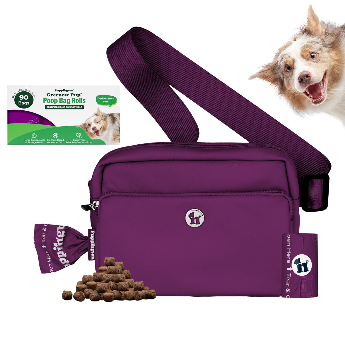 3-in-1 Crossbody Hondenuitlaatzak &amp;amp; Snoepzakje met bijpassende composteerbare poepzakjes
