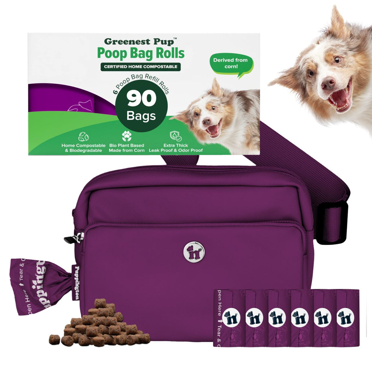3-in-1 Crossbody Hondenuitlaatzak &amp;amp; Snoepzakje met bijpassende composteerbare poepzakjes