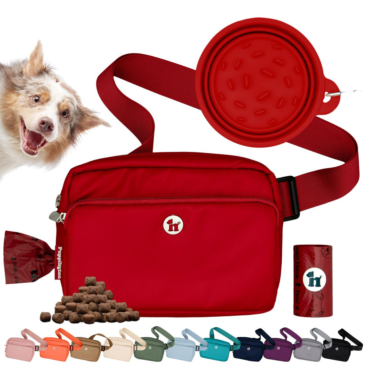Puppington 3-in-1 Crossbody Dog Treat Pouch with Matching Poop Bags and Slow Feeding Travel Bowl