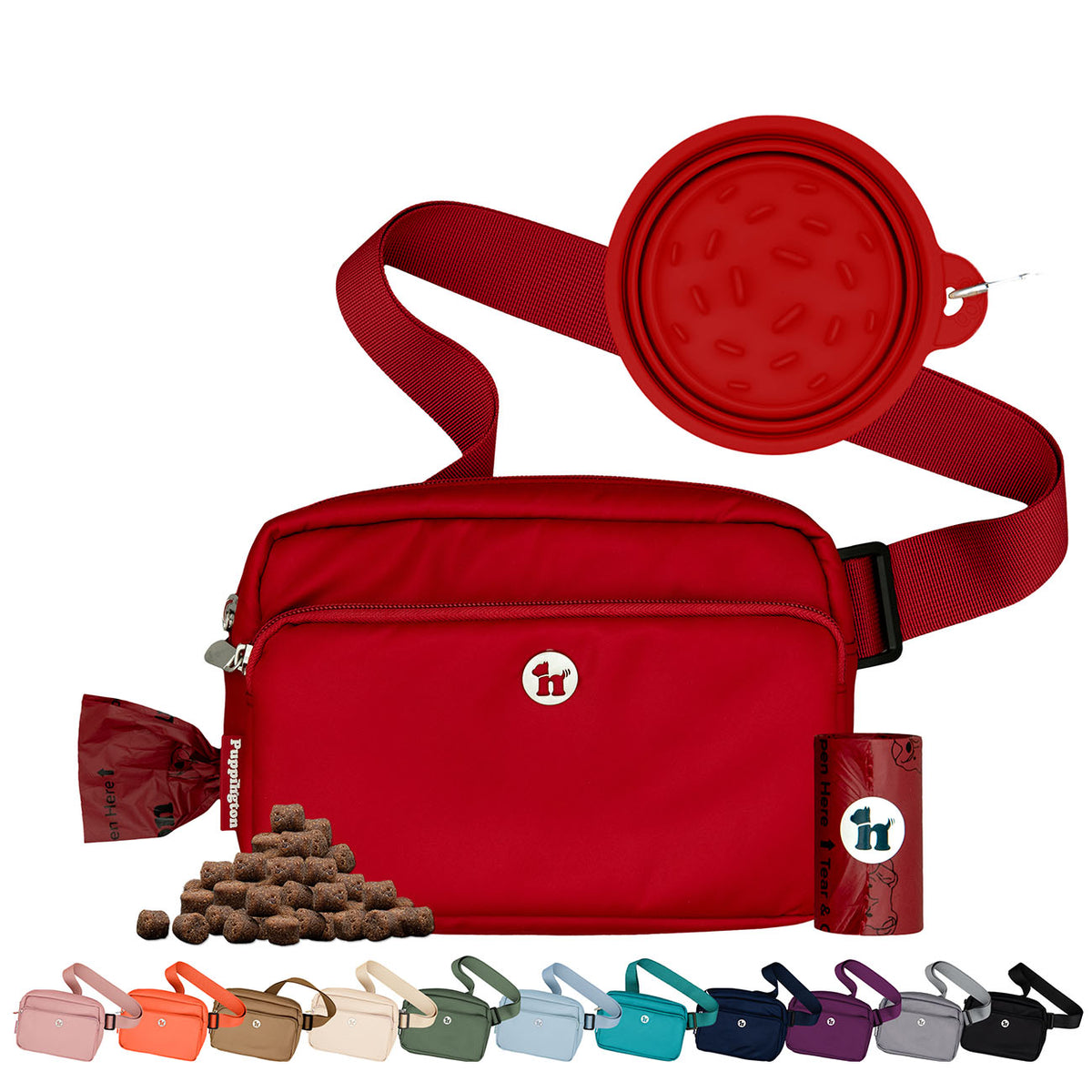 Puppington 3-in-1 Crossbody Dog Treat Pouch with Matching Poop Bags and Slow Feeding Travel Bowl
