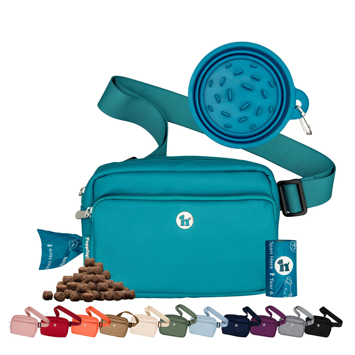 Puppington 3-in-1 Crossbody Dog Treat Pouch with Matching Poop Bags and Slow Feeding Travel Bowl